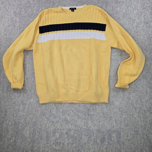 Nautica XL Yellow Crewneck Sweater With Black & White Stripes 100% Cotton - Picture 1 of 6